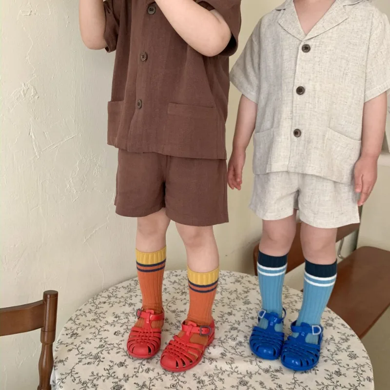 Korean Style Children's Clothing Sets 2025 Summer Baby Boys Short Sleeved Cotton Solid Color Shirt+Shorts Kids Girls 2Pcs Suit 3