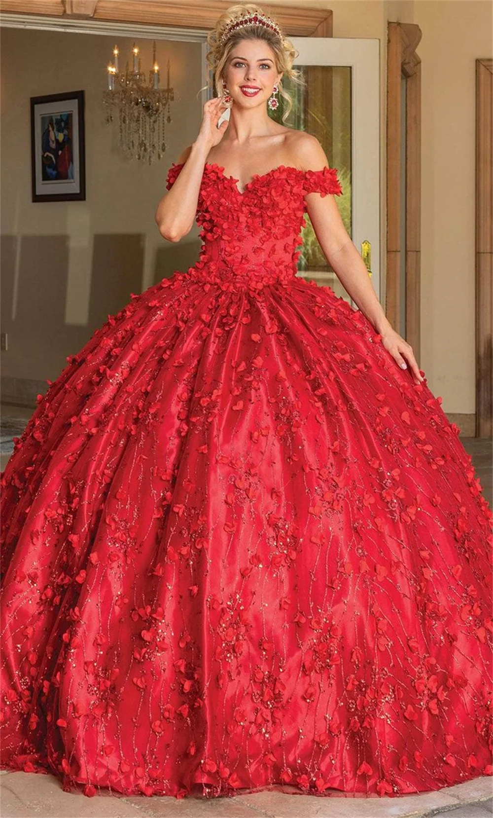 Vestido De novia con hombros descubiertos, traje rojo con flores en 3D, para baile De graduación