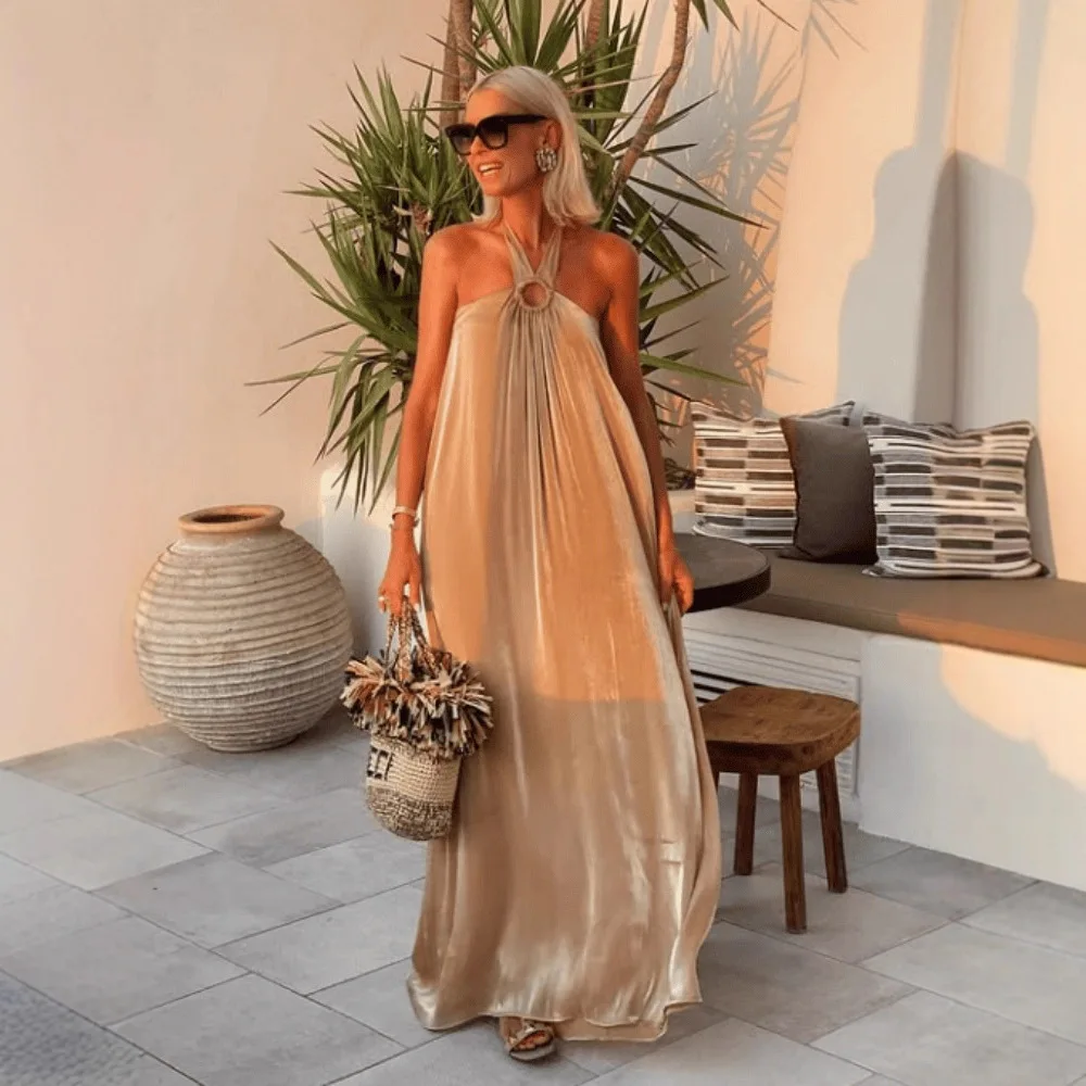 

European and American women's casual and simple temperament, loose and slimming, hanging neck sleeveless vacation dress
