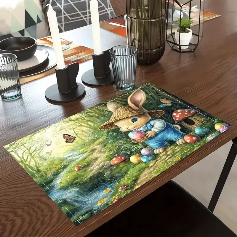 1PC Easter Bunny Placemats - Spring Table Mats with Pastel Colors, Durable Linen, Charming Woodland