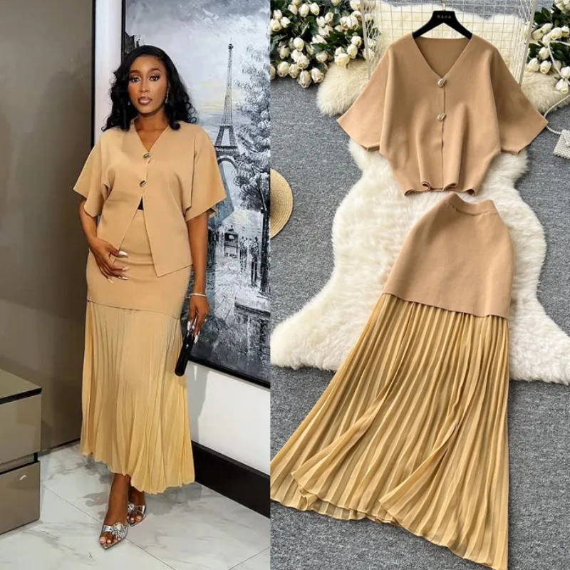 Knit Two Piece Women Top Dress Sets Party Sleeveless Button Y2K  Evening Dresses Elastic Waist V Neck Night Vestidos Summer 2026