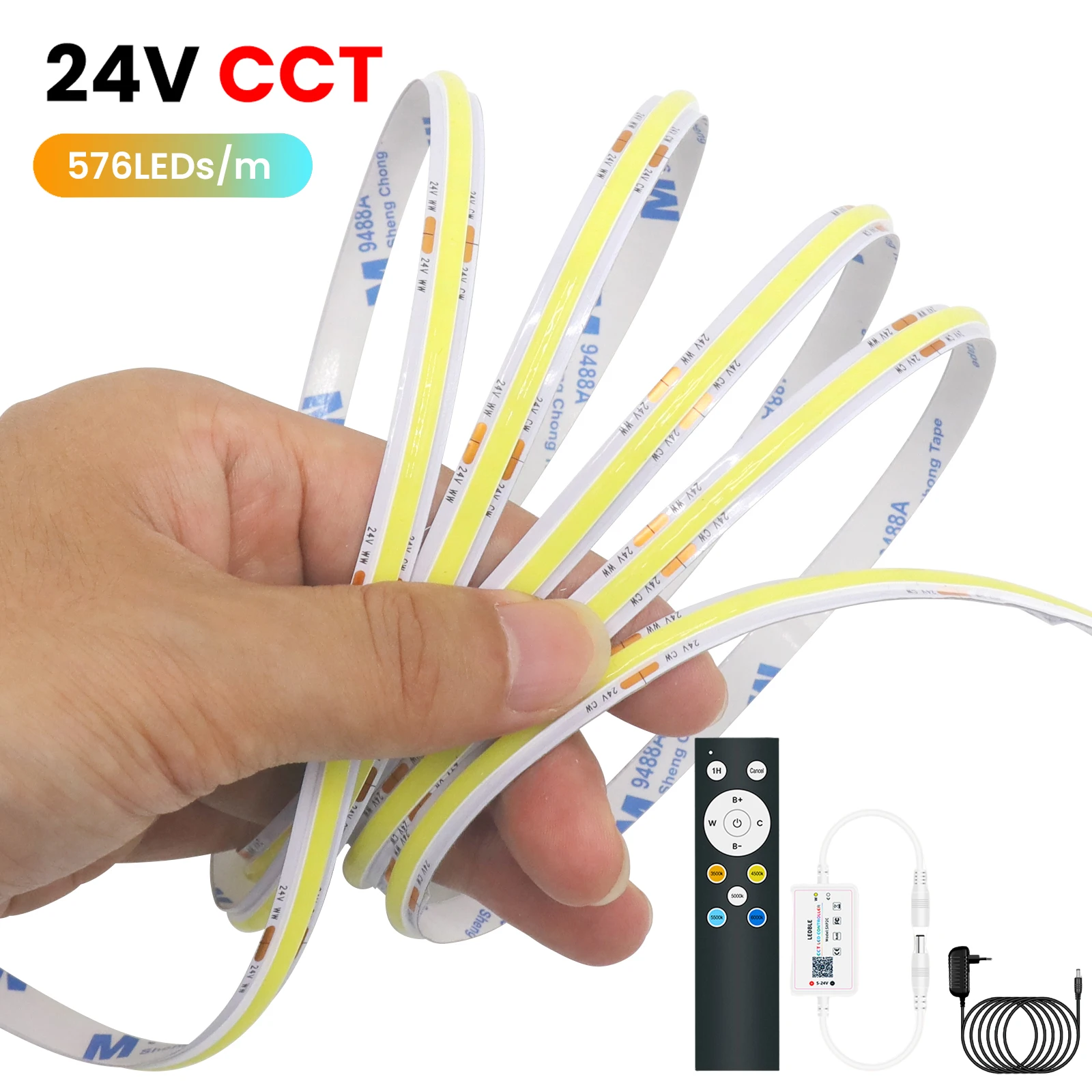 High Density 24V CCT COB LED with Remote Control Power Plug Kit 2700K to 6500K 480LEDs Flexible Tape Strip Light Linear Lighting