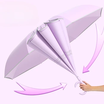 더블 데크 컬러 매칭 셀프 수집 차량 장착 역방향 우산, 여성 비 및 광택 이중 목적 긴 핸들