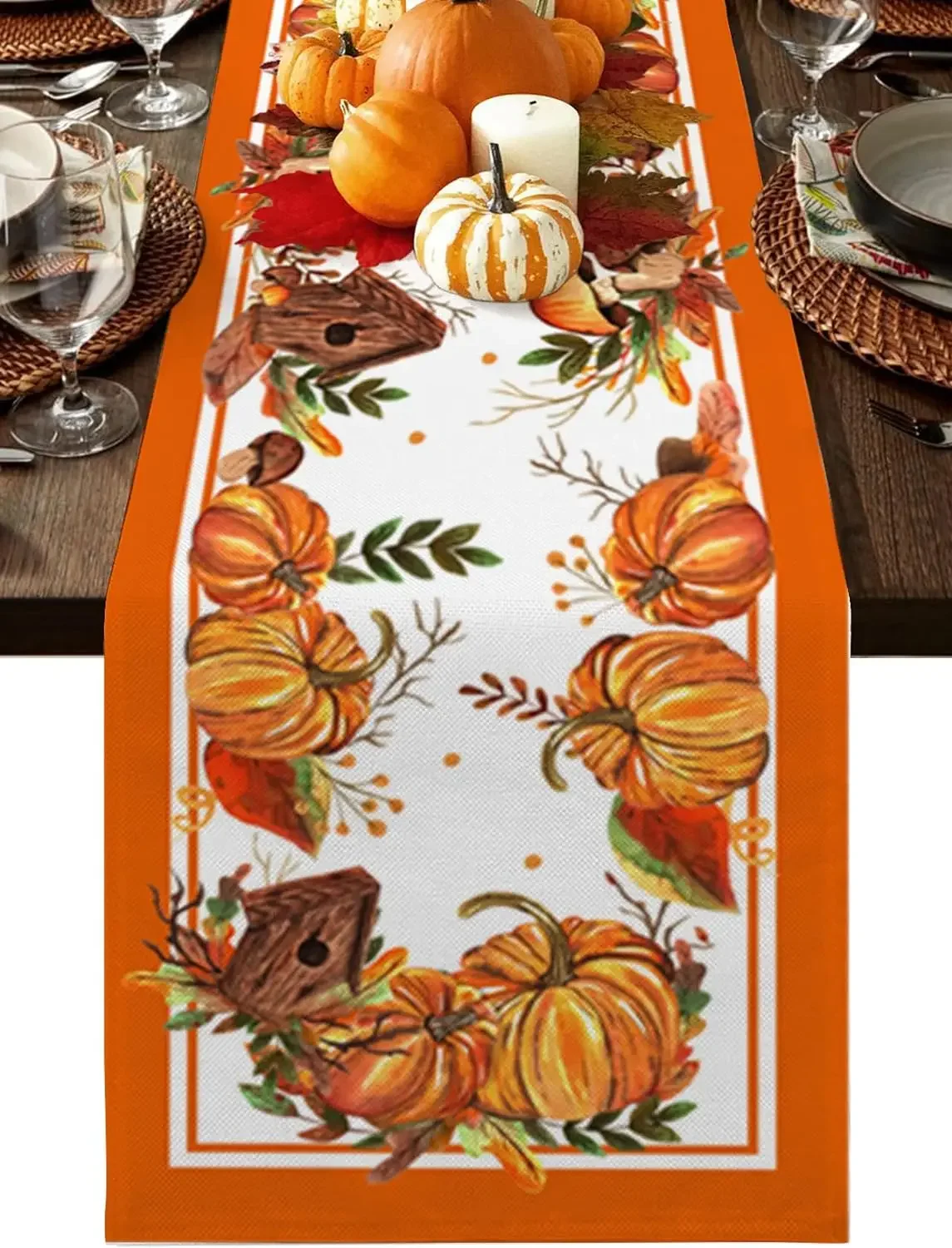 1Pc Autumn Pumpkin Birdhouse Print Table Runner Orange Harvest Theme Table Cover For Dining Room Kitchen Party Decoration Tablet