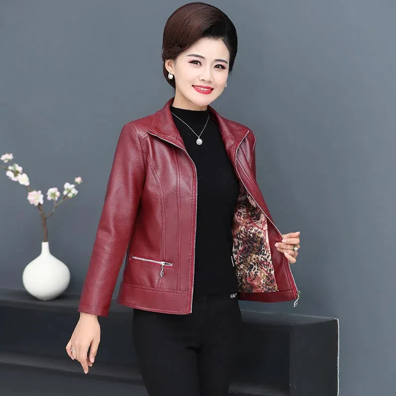 Short Stand-Up Collar Leather Coat Middle-Aged Elderly Mothers Spring Autumn Jacket PU Pi Women Leather Outerwear Tops 2023