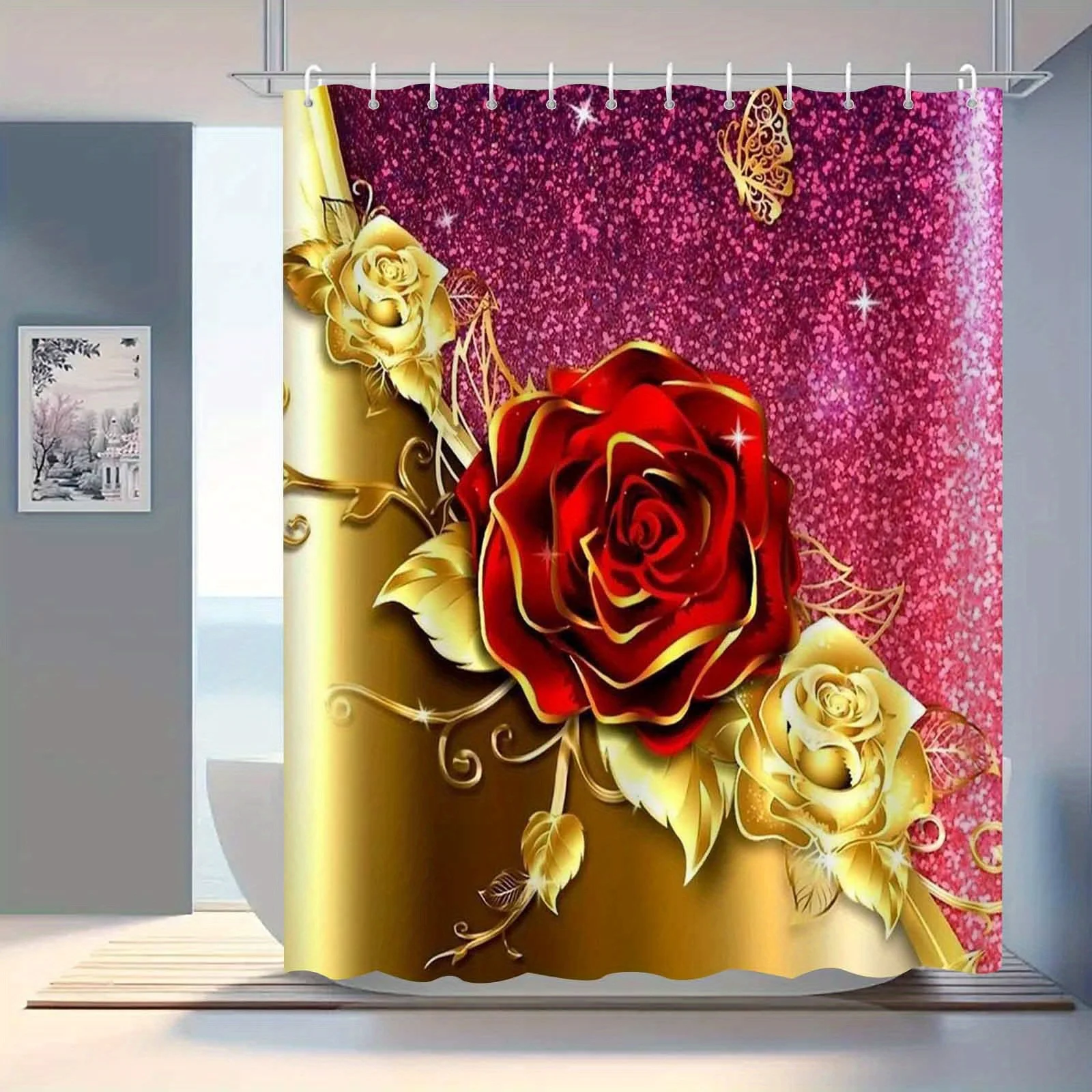 1pc Exquisite Golden Leaf Red Rose Flower Water Diamond Sparkling Shower Curtain, High-end Elegant Bathroom Curtain, Bathroom De