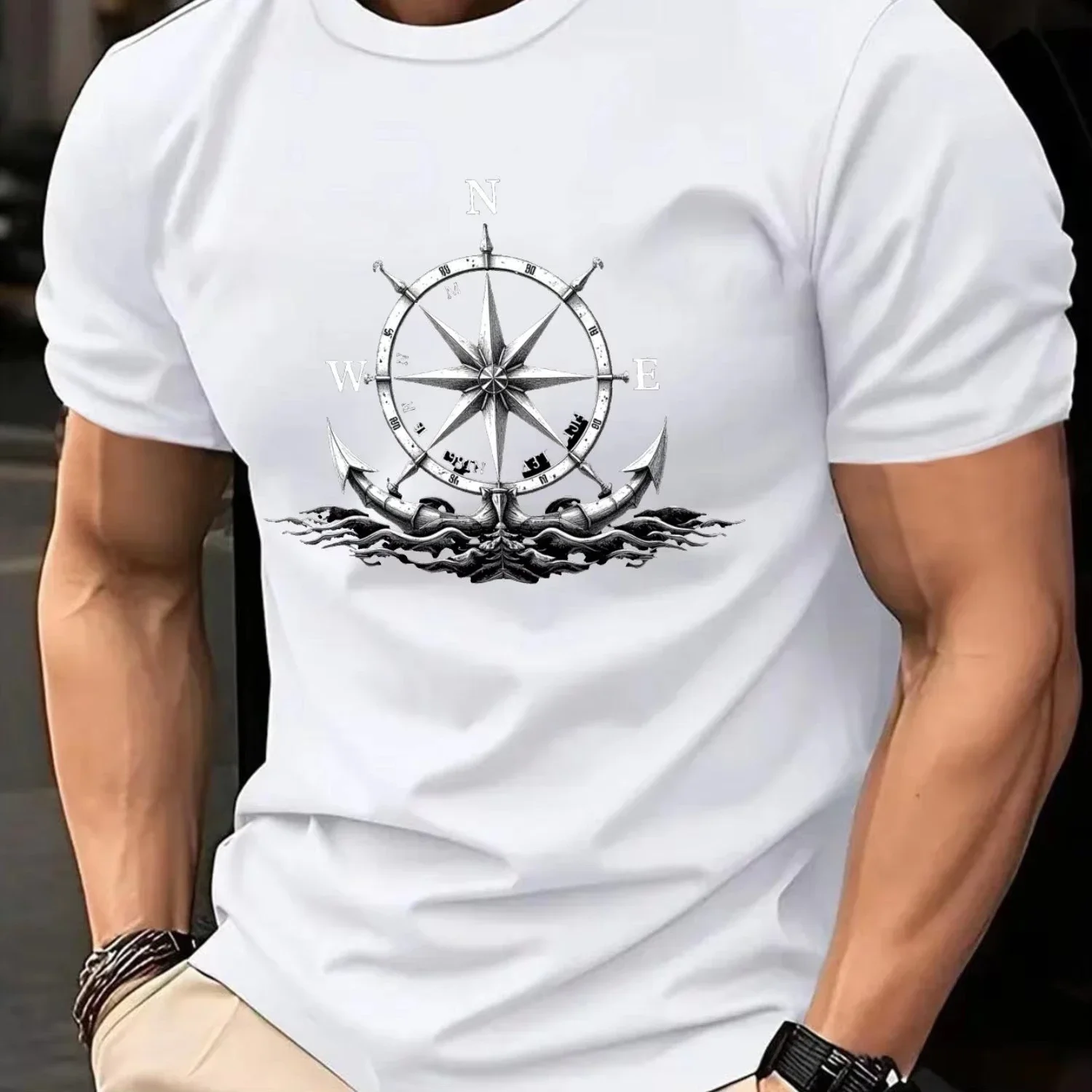 Camiseta de hombre con estampado de brújula náutica, 100% algodón, estampada, corte holgado, cómoda, transpirable.