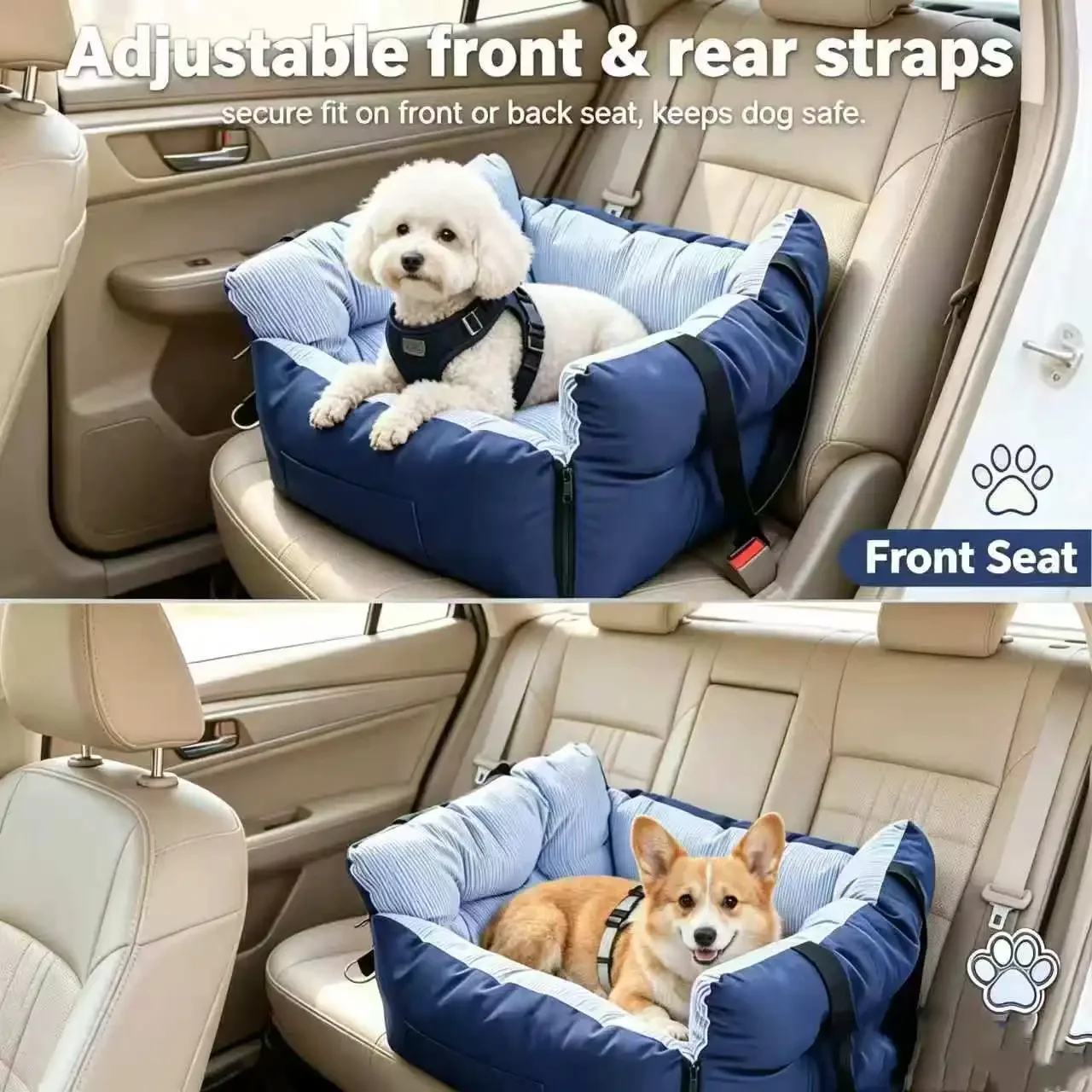 Blau-gestreifter Hunde-Autositz mit Sicherheitsgurt, waschbarer, stoßfester Reisesofa für Hunde und Katzen – Detail 2