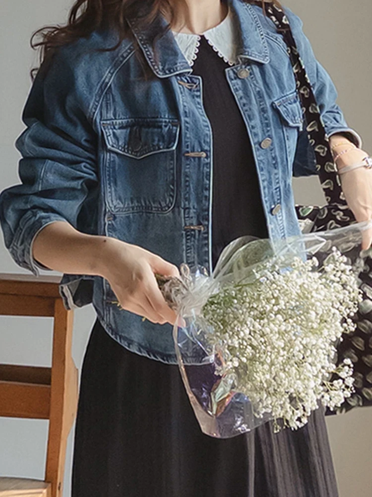 

Женская джинсовая куртка свободного кроя с длинными рукавами и коротким воротником, модель F07, повседневная, приталенная, из хлопка