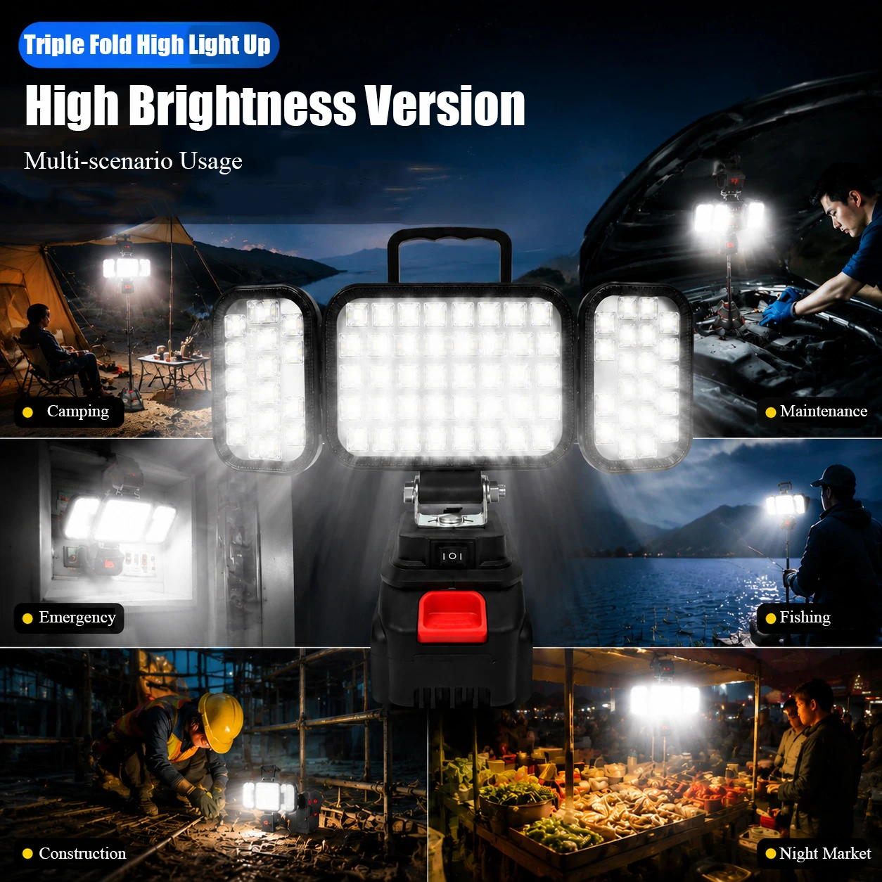 6000k Tri-Fold Portable 84LEDs Work Light With Handheld Emergency Camping Rechargeable Flood Light for DeWalt Makita