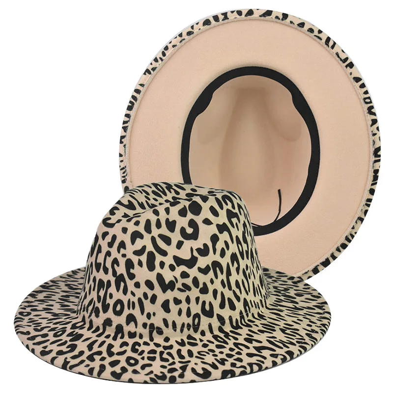 نغمتين ليوبارد طباعة فيدورا قبعة واسعة حافة الصوف ورأى قبعة الجاز مع اللون الداخلي الصلبة للرجال والنساء الشتاء الإكسسوارات