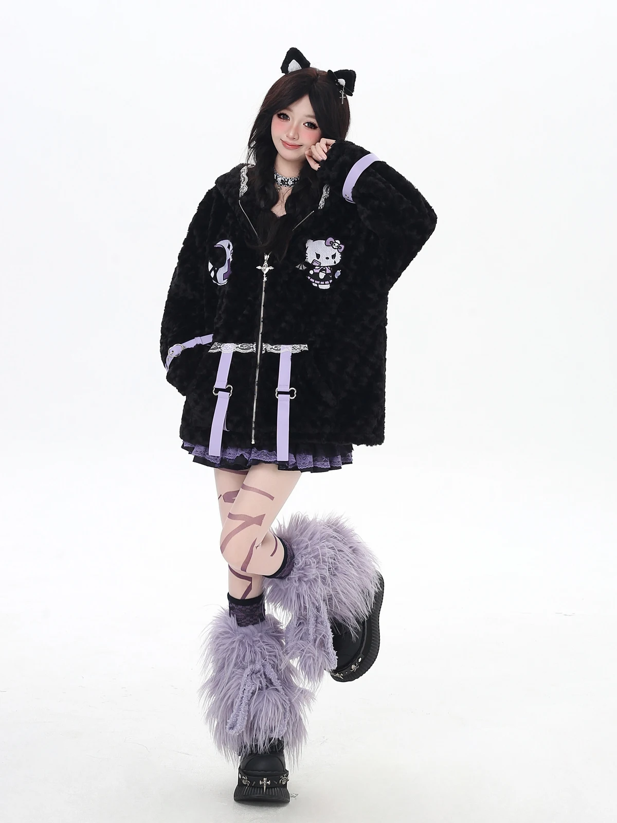 Fashion Sweet Cute Girl Cat Ear Hooded Cartoon Embroidery Cross Zipper Thick Warm Plush Coats Loose Casual Jackets Women Winter