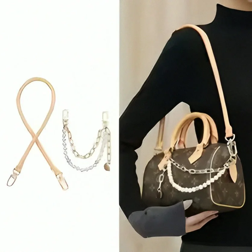 Women Handbag Replacement Shoulder Strap Vegetable Tanned Leather Strap Pearl Decor Chain Purse Modify Decorative Parts
