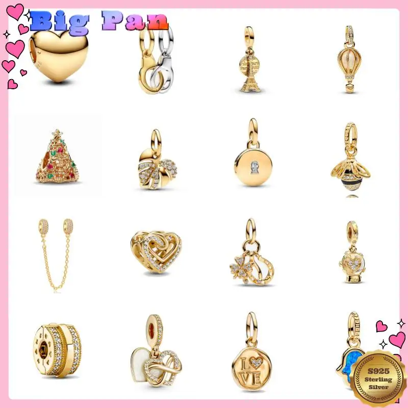 

Hot Sales 925 Silver Shiny Golden Love Heart Charm Sun Lock Key Bead Pendant Women Diy Jewelry Fit Original Bracelet Accessories