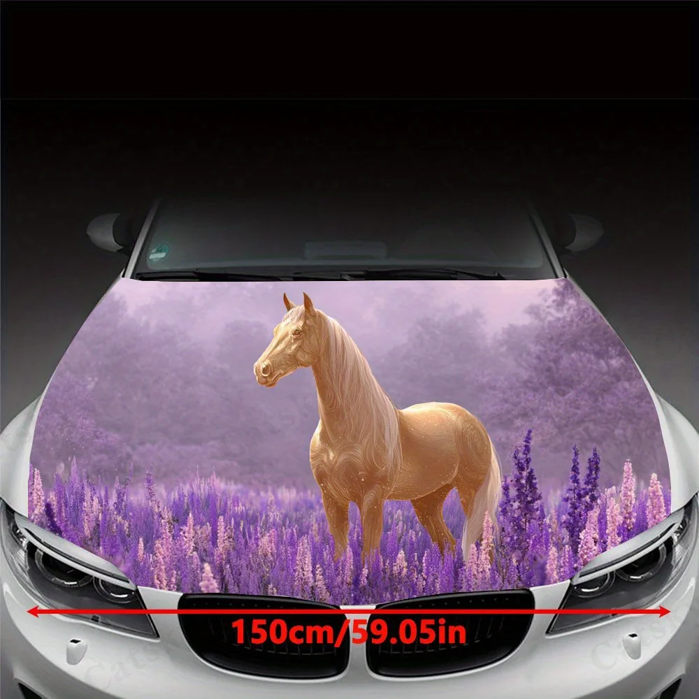 Golden Horse in Lavender Field,Car Hood Decal, Self-Adhesive Waterproof PVC Car hood Sticker,Car Decoration Scratch Resistant St