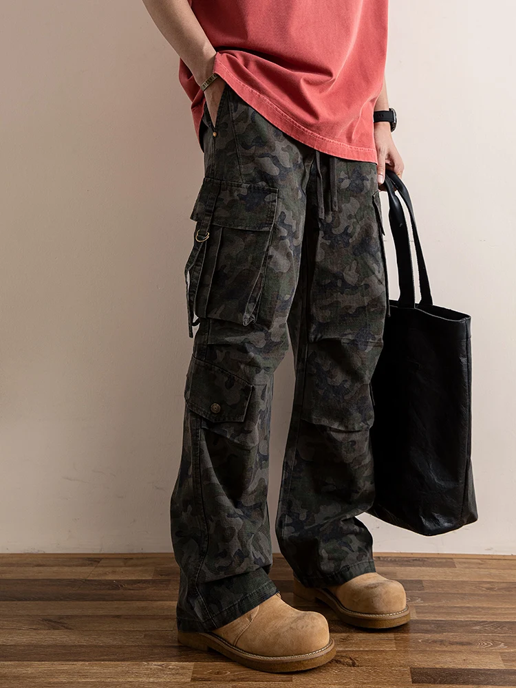 

Loose Straight Leg Camouflage Workwear Trousers for Men Retro American Military Multi-ket Casual Long Pants