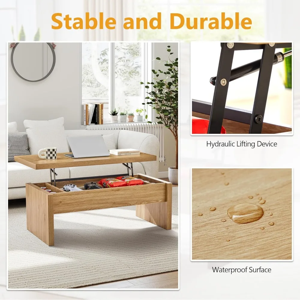 Small Lift Top Coffee Table, Wood Rectangle Coffee Table with Lifting Top and Hidden Storage Compartment, Mid Century Modern Cen