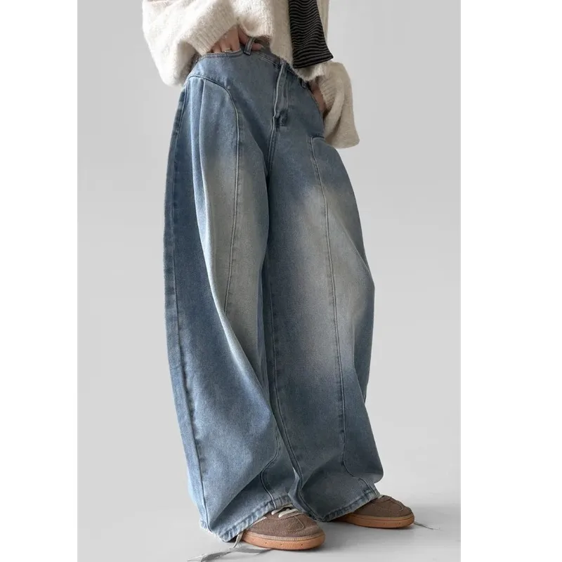 

Pure Color Straight Leg Pleated Floor-Length Jeans Casual High Waist Wide Leg Jeans Cotton 100% No Stretch Water Washed