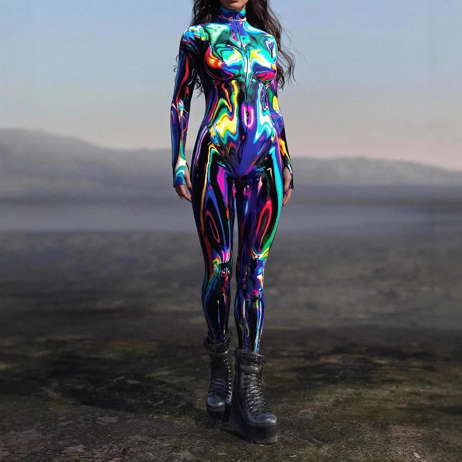 

Printing Party Multicolor Streamer Costume Jumpsuit Cosplay Role Play Slim Stretch Tights Halloween Carnival Party Bodysuit
