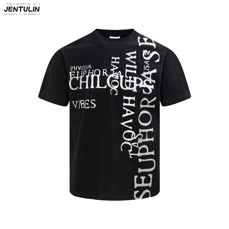 

American High Street Gothic Staggered Letter Printed T-shirt Cotton Loose Shoulder Unisex Trendy Brand Short Sleeved Shirt Y2k