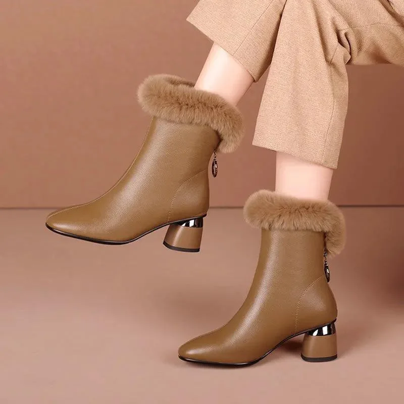 2025 Winter New British Style Ankle Boots for Women | Pointy Toe & Furry Collar | Plush Fleece Lined Leather Fashion Boots