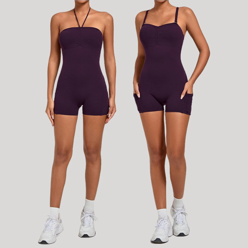 

Women's Gym Workout Jumpsuit Sets with Side Pockets Yoga Bodysuit Multiple Wearing Styles Outdoor Running Fitness One-Piece Suit