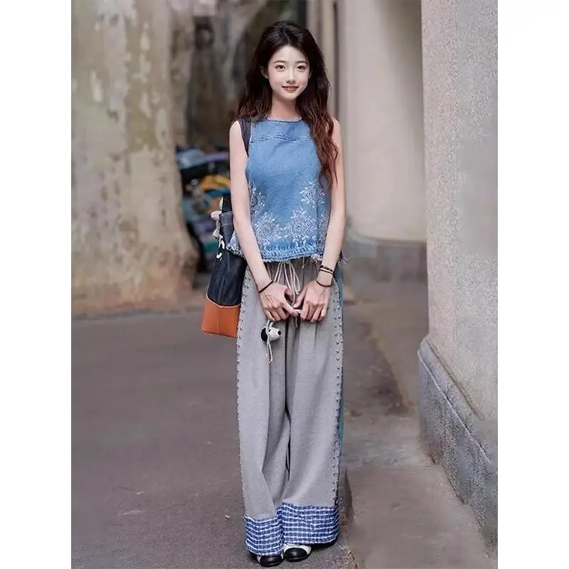 

Spring 2026 Trendy Blue Denim Wide Leg Pants Set Korean Sle Splicing Faionable Age Reduction Women's Loose Fit Two-Piece ...