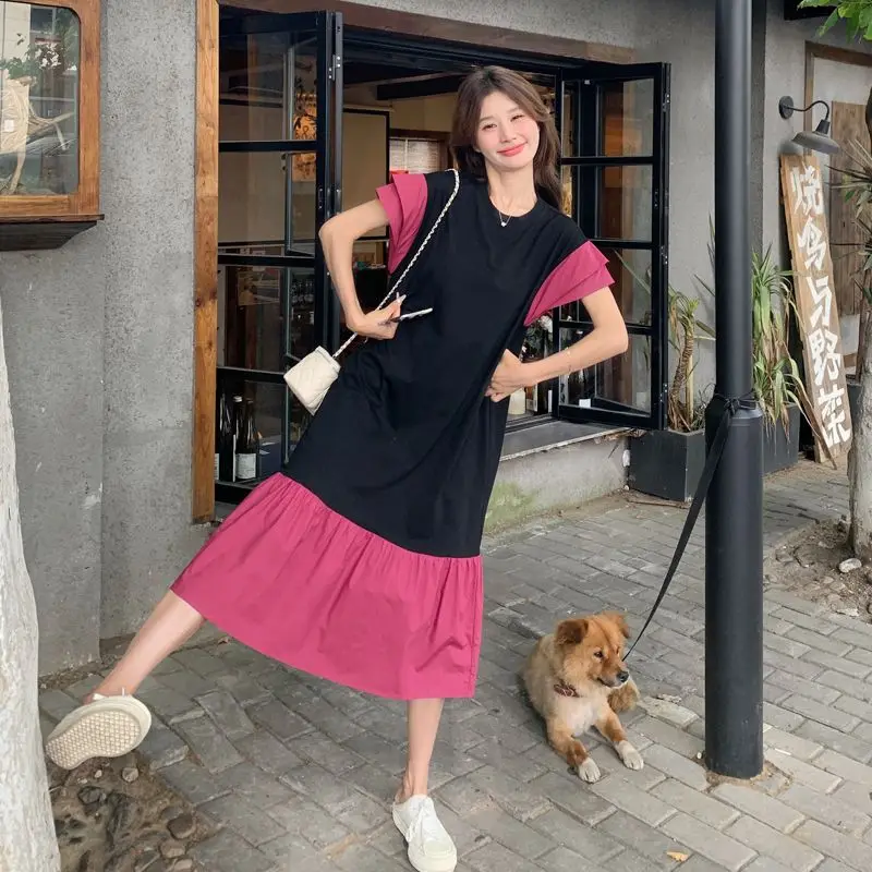 Robes Patchwork surdimensionnées femme décontracté coréen Patchwork t-shirt robe été tempérament ample plissé à manches courtes robe longue