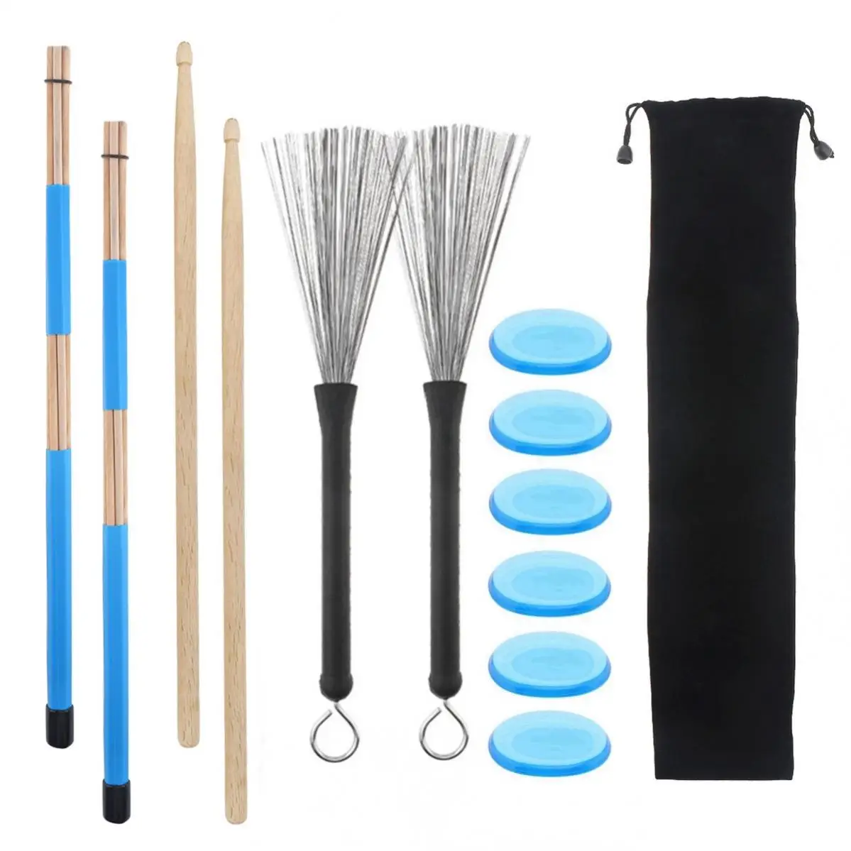 Maple Madeira Retrátil Tambor Varas, Escovas De Silicone, Azul Silenciador Bag Set, 5A, 13 Pcs por Conjunto