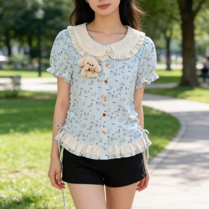 Japanese Cute Dog Print Doll Collar Striped Womens Tops Sweet Cute Soft Girl Age Reducing Short Sleeve Tshirt Summer Streetwear