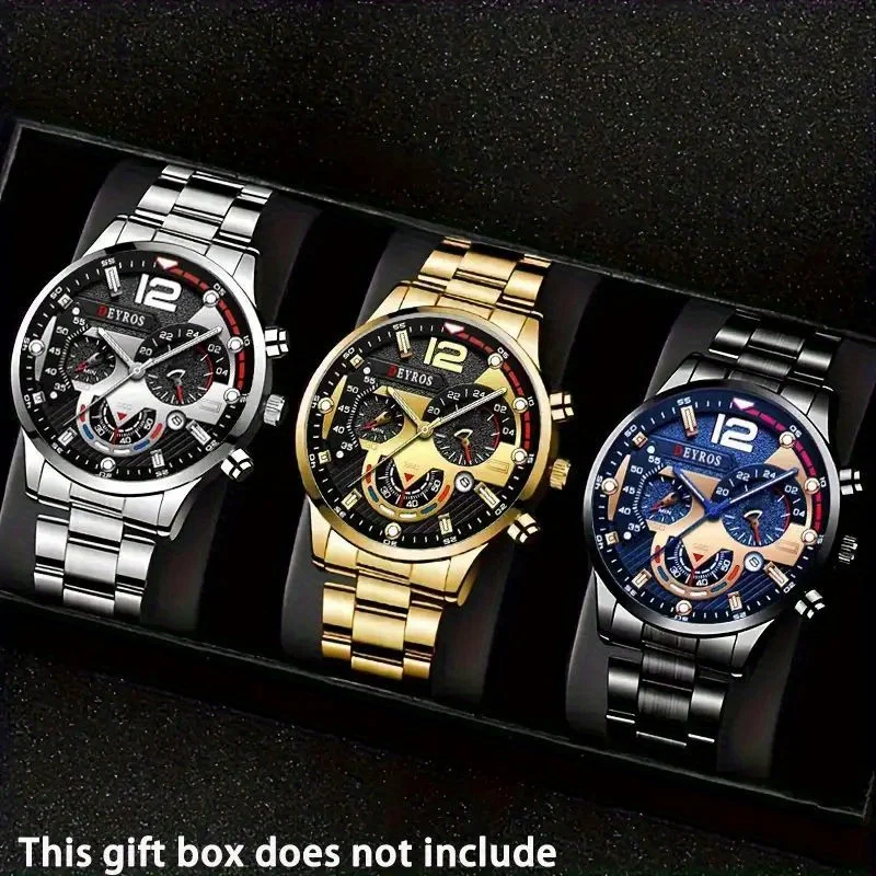 

3pcs-Fashion Men's Steel Belt Quartz Watch Set-Suitable for everyday and various occasions, as a gift for boyfriends and family.