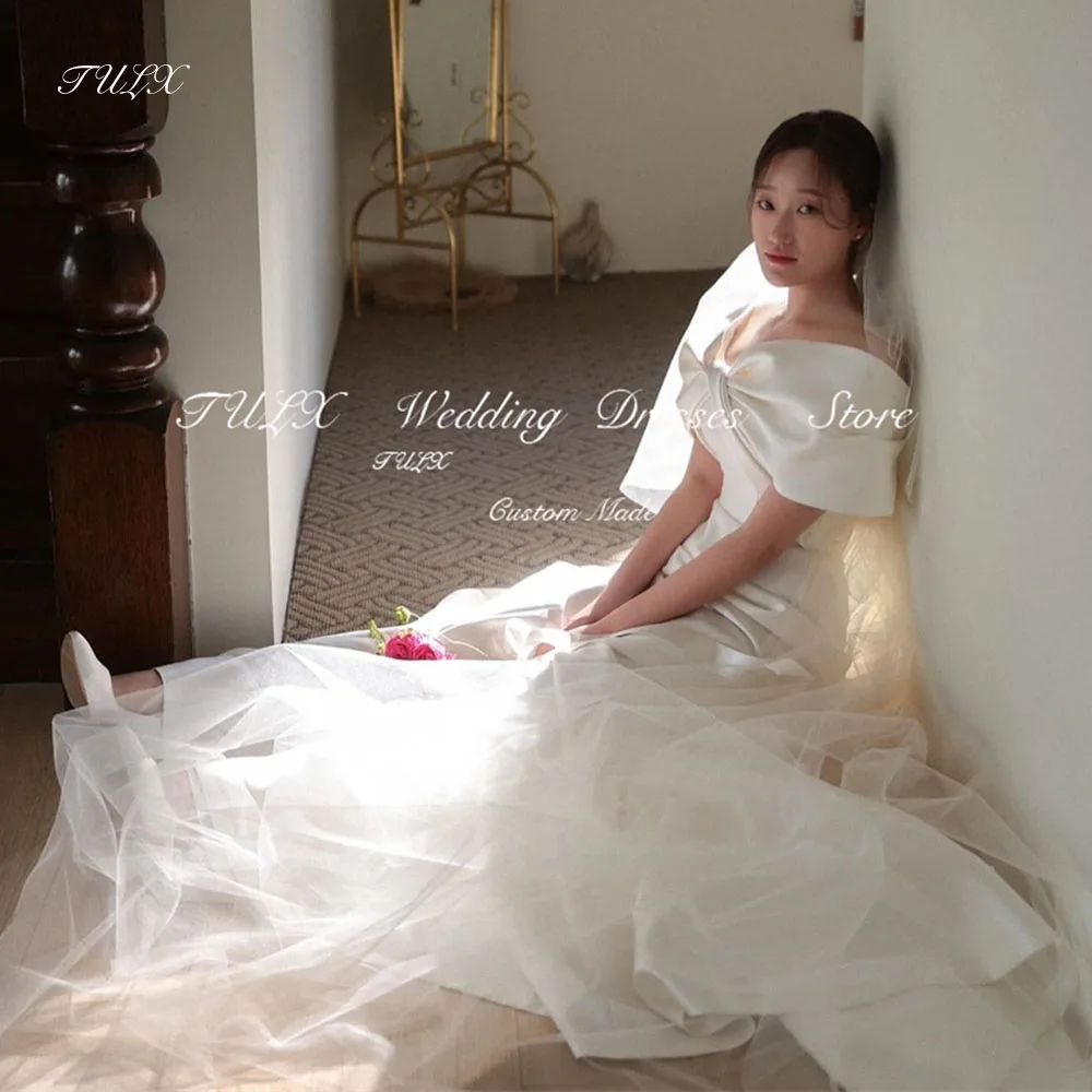 

TULX Bow Off Shoulder Korea Satin Wedding Photo Shoot Dress Mermaid Long Elegant Bridal Gowns Corset Back Custom Made 웨딩드레스 2025