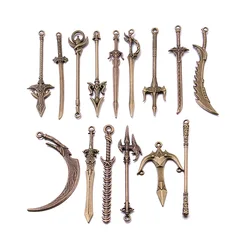 10PCS 15 Styles Wholesale Mixed Alloy 2 Color Knight Sword Knife Gun Bow Charms For Jewelry Making DIY Handmade Weapons Pendant