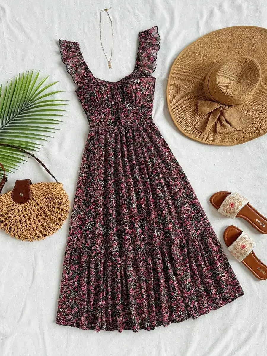 

Womens V-Neck Shirred Waist A-Line Midi Dress With Floral Print And Ruffle Cap Sleeve Summer Casual Dress
