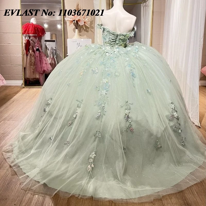 Evlast ชุดเดรส quinceanera ชุดไปงานเต้นรำสีเขียวประกายลูกปัดคริสตัลผีเสื้อ appliques Corset 16 vestidos de XV 15 anos SQ173