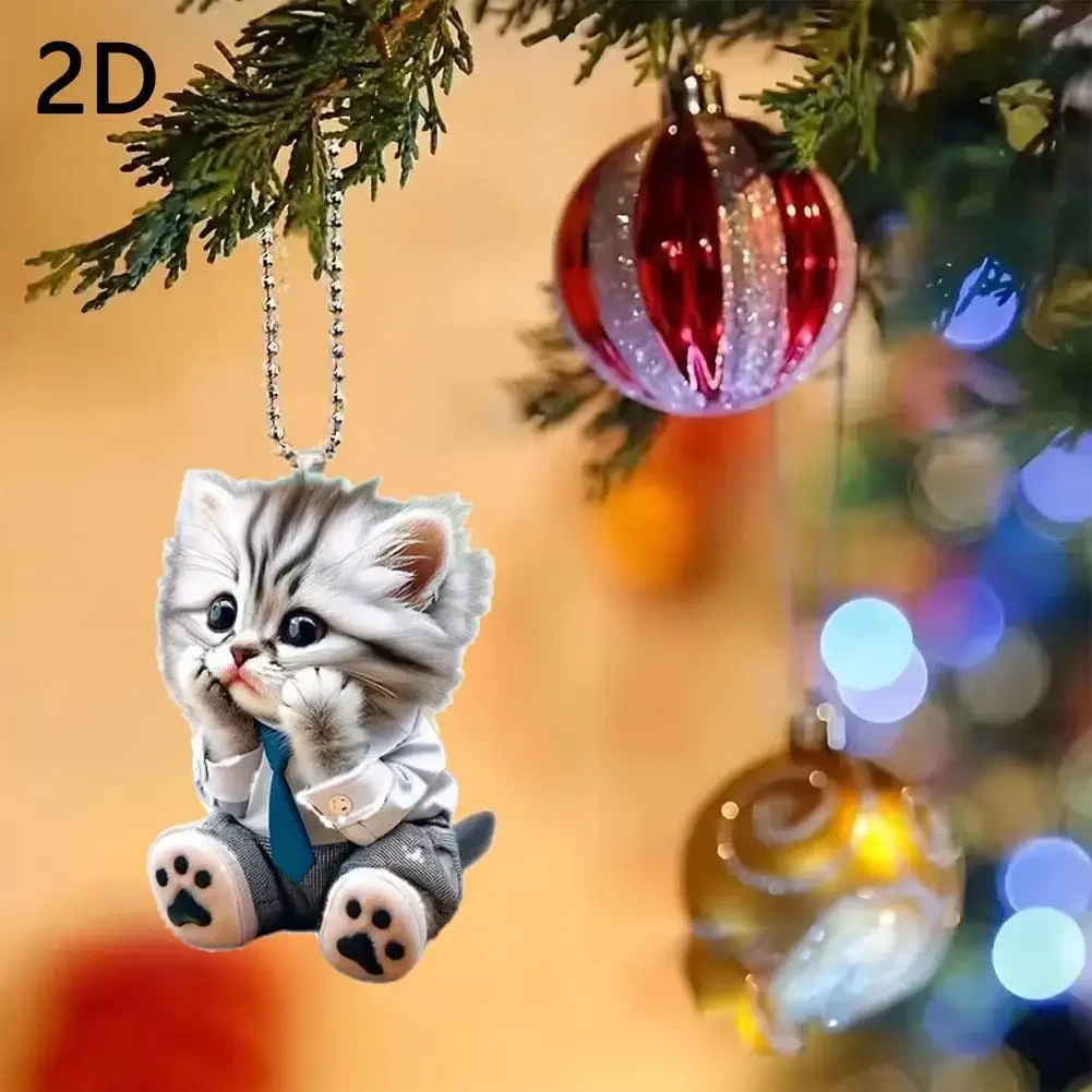2D Cute Cat Car Pendant Hanging Ornament With Chain Realistic Animal Keychain For Schoolbags Car Interiors Accessories