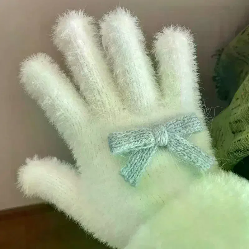 

Милые плюшевые перчатки с милым бантом и помпоном, морозостойкие перчатки, студенческие зимние теплые перчатки с пятью пальцами, женские модные аксессуары, рождественский подарок