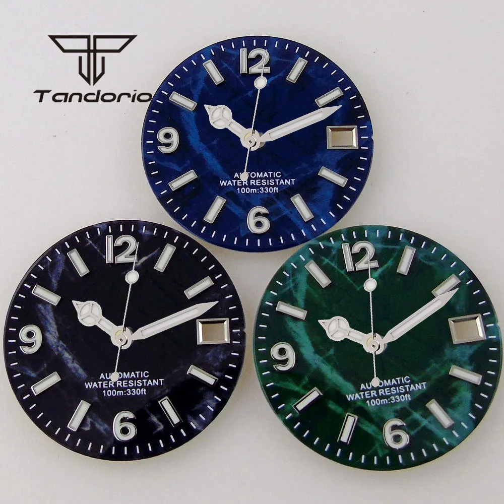 29mm Black/Blue/Green Sterile Watch Dial Face Date Window Silver Hands Set Luminous Fit NH35 NH35A Automatic Movement