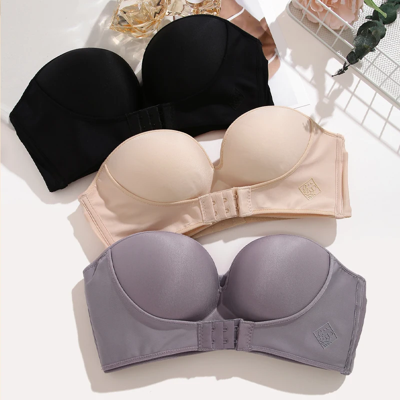

Women Sexy Strapless Push Up Bra Front Closure Bralette Invisible Bra Underwear Lingerie Seamless Brassiere 3/4 Cup Wireless Bra