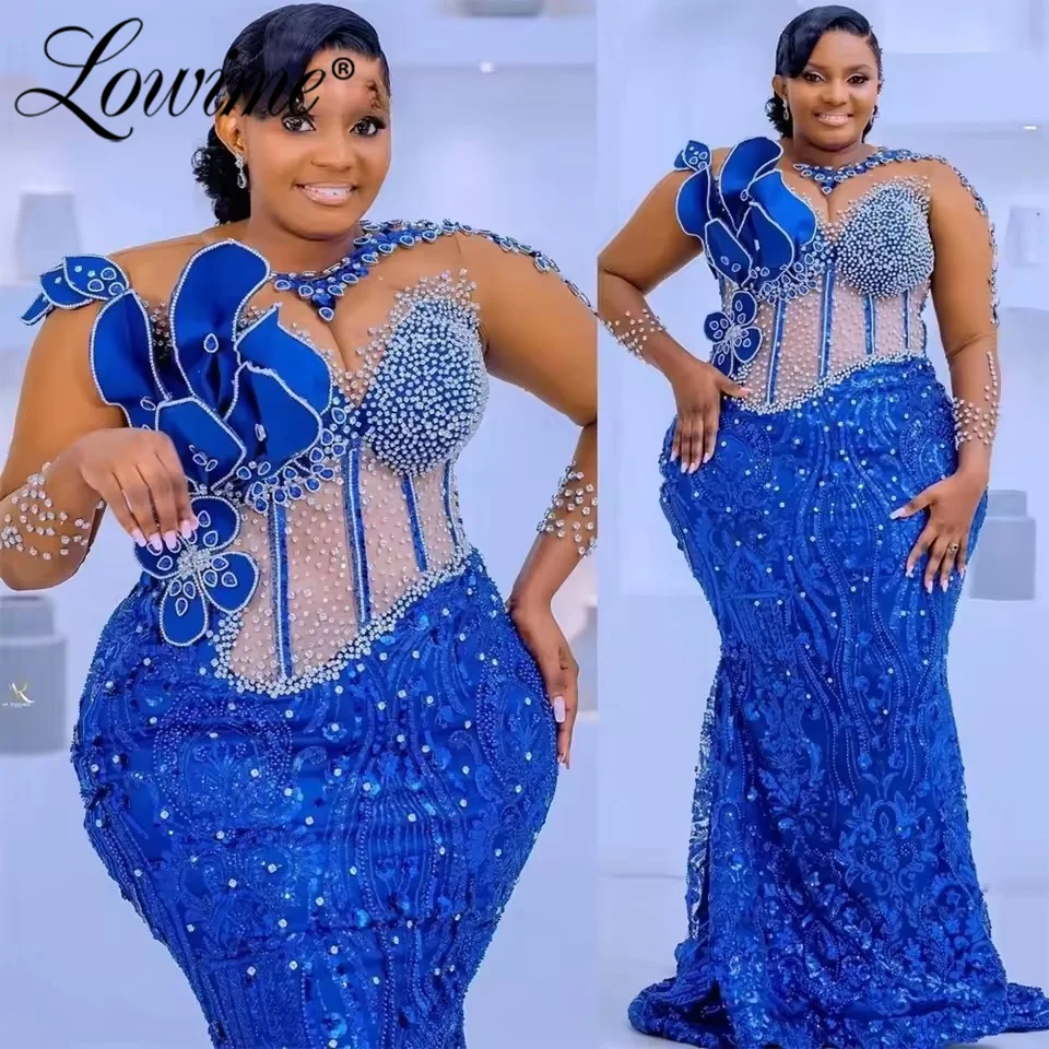 

Royal Blue Rhinestones Long Sleeve African Evening Dress Formal Party Engagement Birthday Gowns Customized Mermaid Prom Dresses