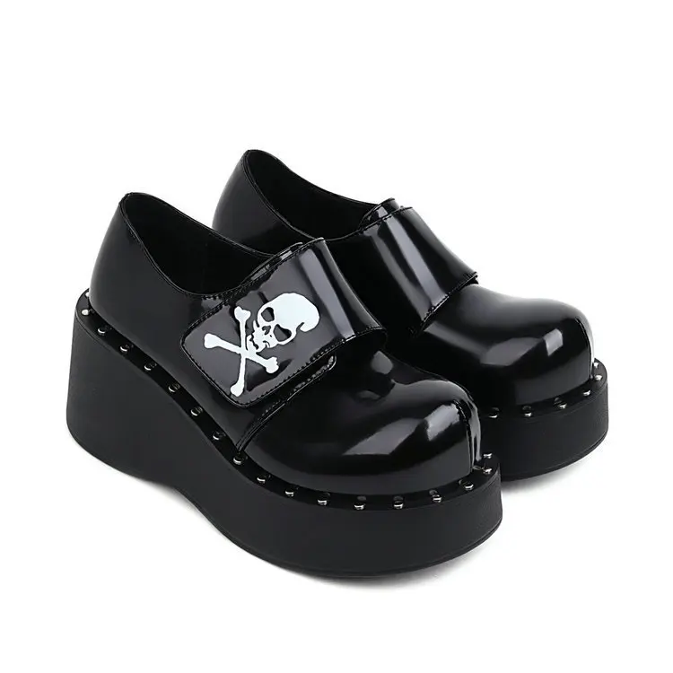 Dropshipping New Punk Style Dark Skull Retro Mary Jane Shoes Women\'s Shoes Wedge High Platform Casual Women\'s Single Shoes 34&43