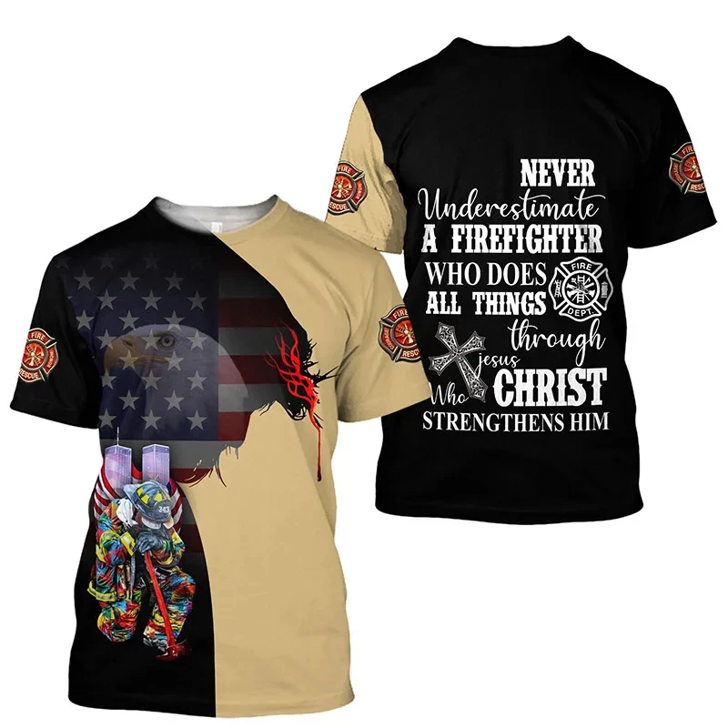 Firefighter Graphic Printed Summer Men's O-Neck T-Shirts Casual Short Sleeve  Pullover Fashion Streetwear Men Clothing