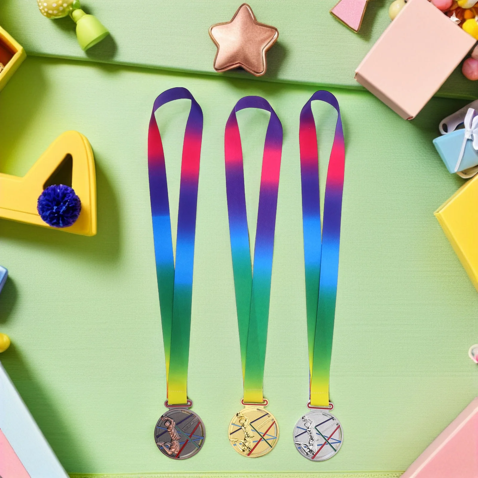 

3Pcs Basketball Medals with Ribbon Gold Silver Bronze Sports Competition Award Prizes Championship Medal Themed Medal Set