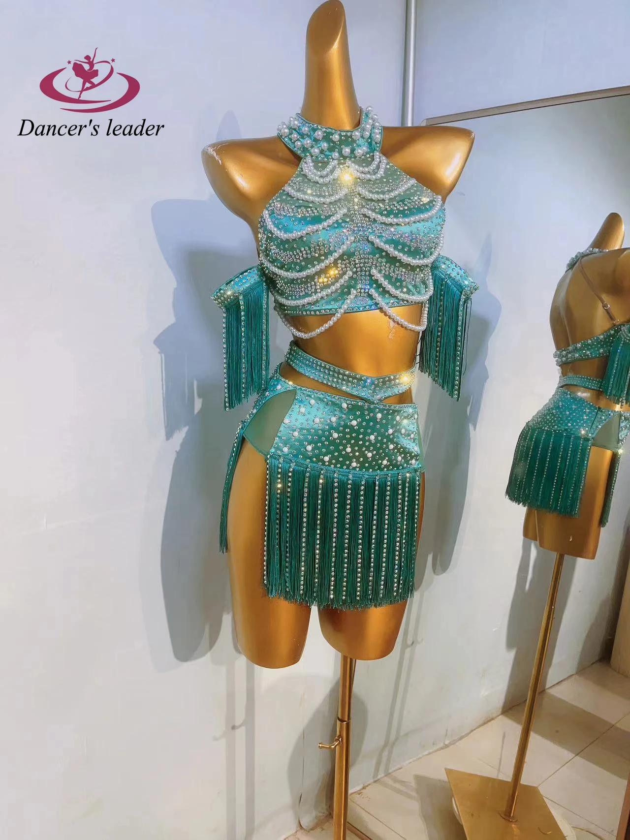 

Элитное женское платье для латиноамериканских танцев с жемчужной цепью и стразами для выступлений в стилях ча-ча и самба