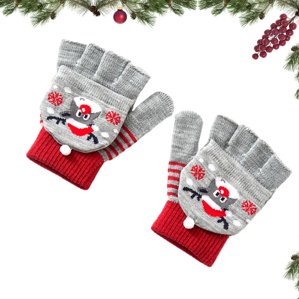 

1Pair Children Winter Gloves Grey Christmas Snow Sports Mittens Windproof Warm Knitted Gloves for Outdoor Activities