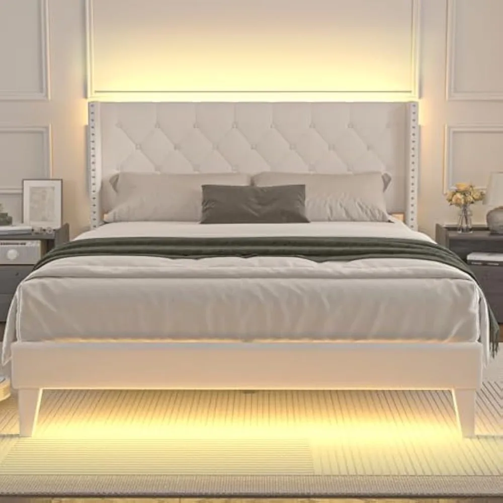 Rama łóżka pełnowymiarowego z oświetleniem LED, tapicerowana aksamitna rama łóżka platformowego z zagłówkiem i podnóżkiem z pikowanym, guzikami wykończeniem i klapami bocznymi.