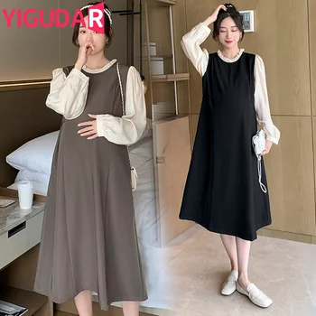 Odzież dla kobiet w ciąży sukienka z elegancka, długa rękawem vestidos de fotografia długa sukienka koreańska moda ciążowa sukienka na sesję zdjęciową