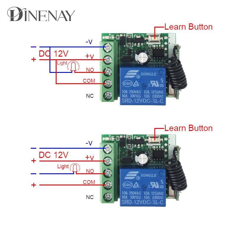 433Mhz Wireless Remote Control EV1527 Learning Code Transmitter 2 bottons DC 12V 10A RF Relay Receiver