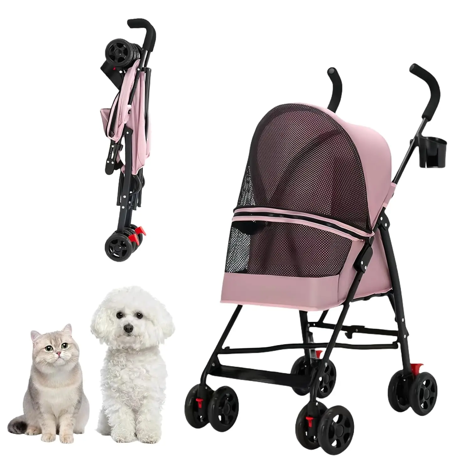 

Foldable Pet Stroller for Small Dogs and Cats, 4 Wheels with Cup Holder, Breathable Mesh Design