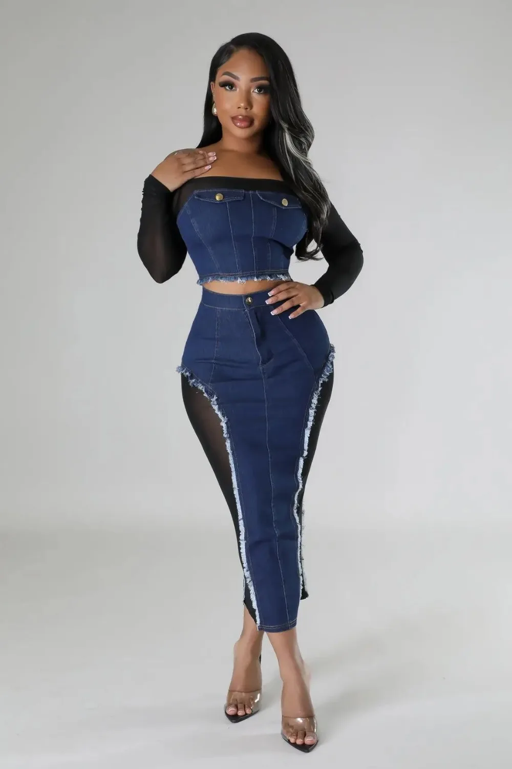 Women's Mesh Denim Skirt, Sexy Off Shoulder Top, Fashion, Autumn, 2024